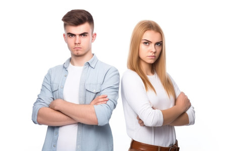 studio shot of a young man and woman with their arms folded isolated on whiteの素材