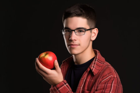 studio shot of a casual young man wearing glasses and holding out an appleの素材