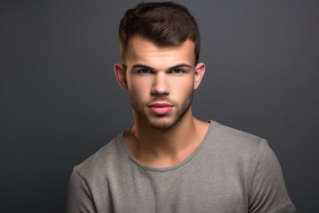 studio shot of a confident young man in casual wear standing against a grey backgroundの素材