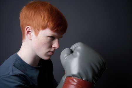 studio shot of a person in boxing gloves against a gray backgroundの素材
