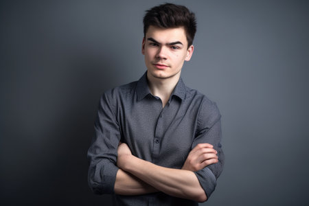 studio portrait of a young man with their hand in their pockets posing against a grey backgroundの素材