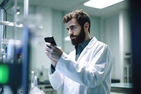 shot of a scientist using his cellphone while working in a labの素材