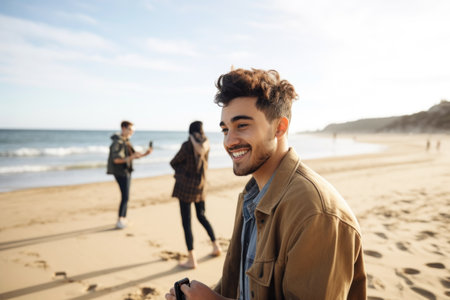 shot of a young man using a smartphone to take photos of his friends at the beachの素材