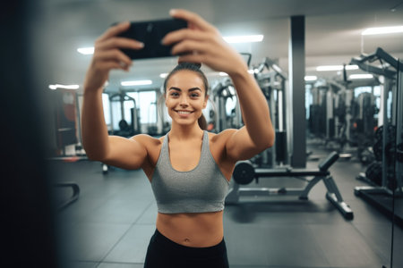 shot of a woman taking a selfie while at the gymの素材