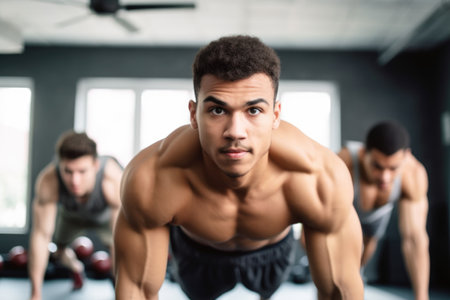 shot of a young man doing pushups with his friends in the backgroundの素材