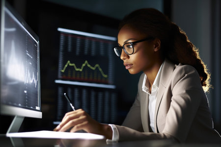shot of a young woman using a laptop to do data analysis in a modern officeの素材