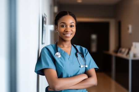 black woman, nurse or healthcare worker with a smile while working at the hospitalの素材