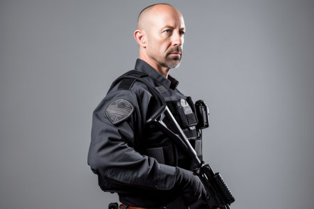 law enforcement, police and man with gun in studio isolated on a gray backgroundの素材