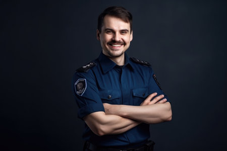 portrait of a smiling policeman in uniform with his arms akimboの素材
