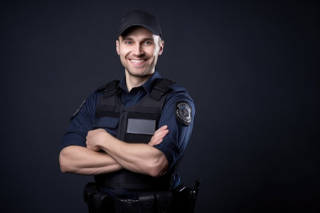 portrait of a smiling policeman in uniform with his arms akimboの素材