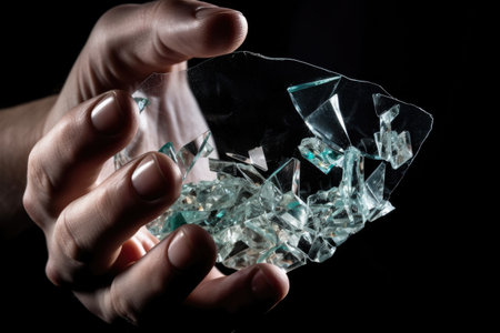 closeup of masked man holding broken glass isolated on black backgroundの素材