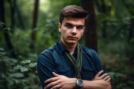portrait of a handsome young man standing with his arms folded in the forestの素材