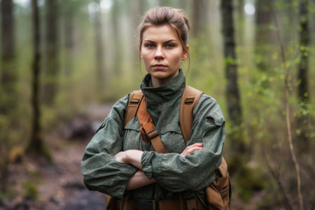 portrait of a confident young female ranger standing with her arms crossed in the forestの素材