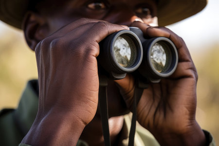 cropped image of a male ranger using binoculars to survey the vistaの素材