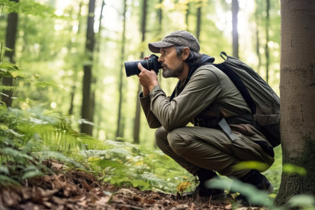 cropped shot of a conservationist taking photos with his camera on the edge of a forestの素材