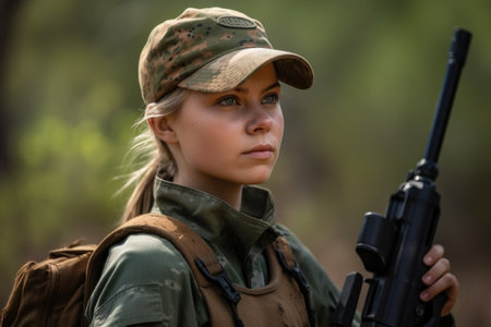 shot of a young female ranger holding a tranquilizer gunの素材