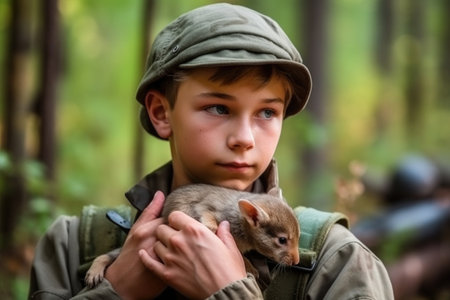closeup of a young ranger holding an animal in his hands inside a forestの素材
