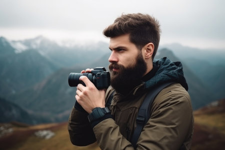 cropped shot of a man holding his camera against the background of mountainsの素材