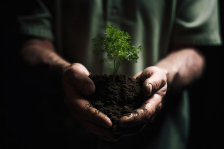 shot of an unrecognizable man holding a green plant growing out of soilの素材