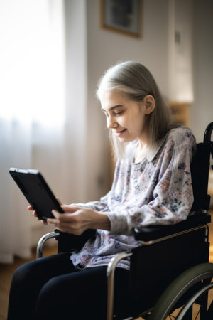 shot of a young woman using her digital tablet with the help of an assistive technology deviceの素材