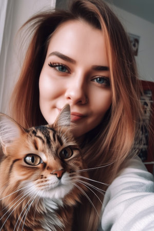 cropped shot of a woman taking a selfie with her catの素材