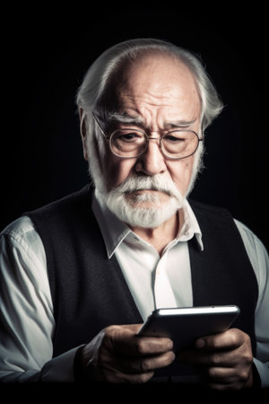 portrait of a senior man using his digital tabletの素材