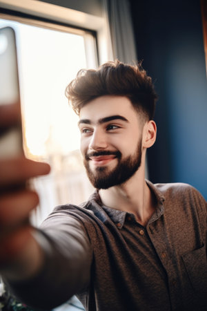 shot of a young man using his cellphone to take selfies at homeの素材