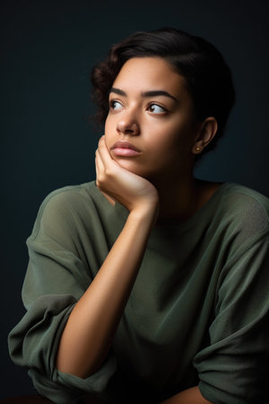 shot of a young woman with her hand on her stomach looking thoughtfulの素材
