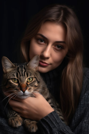 shot of a young woman with her tabby catの素材