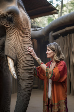 shot of a woman petting an elephant at a zooの素材