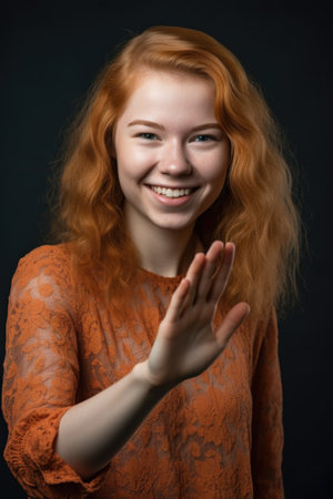 portrait of a friendly young woman gesturing for you to come overの素材