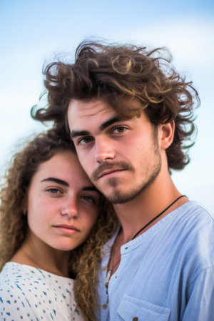 couple, beach and portrait of a girl in love with her boyfriend for his caring personality on vacationの素材