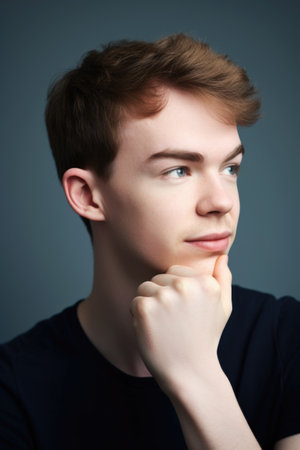 studio shot of an attractive young person with their hand on their chinの素材