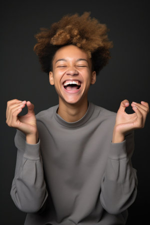 studio shot of a young person posing excitedly against a gray backgroundの素材
