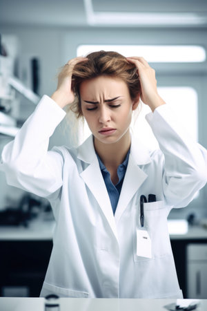 shot of a young female scientist looking stressed out while working in a labの素材