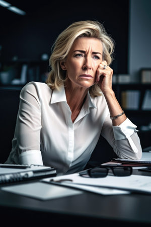 shot of a mature businesswoman experiencing stress at her desk in a modern officeの素材