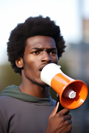 portrait of a confident young man standing outside with a megaphoneの素材