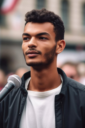 cropped shot of a young man speaking at a public protest in the city centerの素材