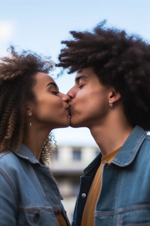 cropped shot of a young couple kissing while standing outsideの素材