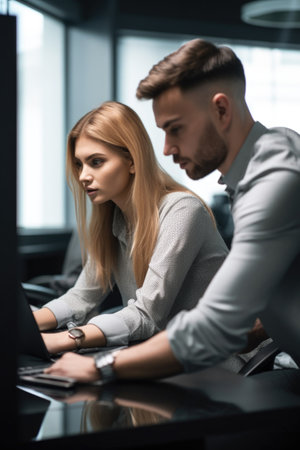 cropped shot of a young man and woman using a laptop in a modern officeの素材