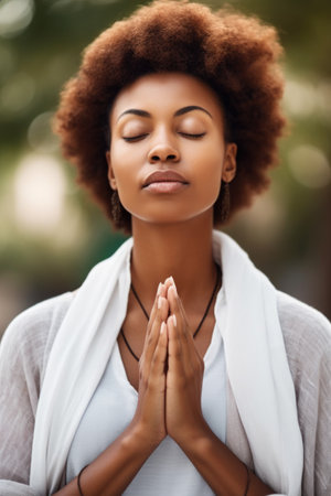 cropped shot of an attractive young woman meditating in the outdoorsの素材