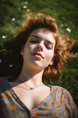 cropped portrait of a pretty young woman lying down on the grass with her eyes closedの素材