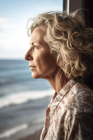 cropped shot of a mature woman looking out over the oceanの素材