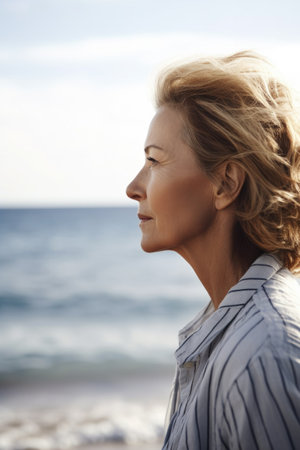 cropped shot of a mature woman looking out over the oceanの素材