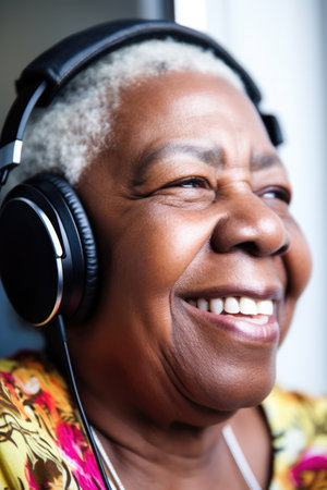 closeup of a senior african american woman smiling while wearing headphones during music therapyの素材