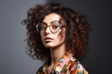 studio shot of a beautiful young woman wearing quirky glassesの素材