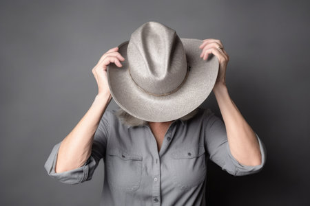 studio shot of an unrecognizable woman posing with a cowboy hat against a gray backgroundの素材
