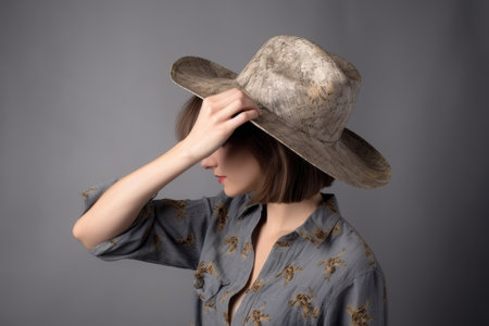 studio shot of an unrecognizable woman posing with a cowboy hat against a gray backgroundの素材