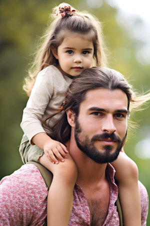portrait of a young father carrying his daughter on his shoulders outdoorsの素材