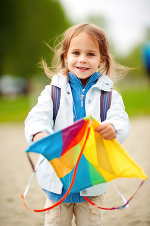 portrait of an adorable little girl enjoying the outdoors with her kiteの素材